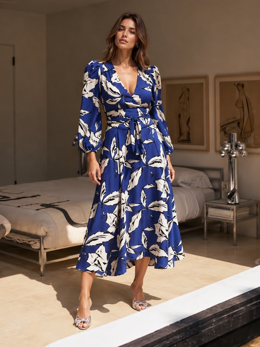 Veronica Beard Mclean ultramarine multi print long sleeve midi